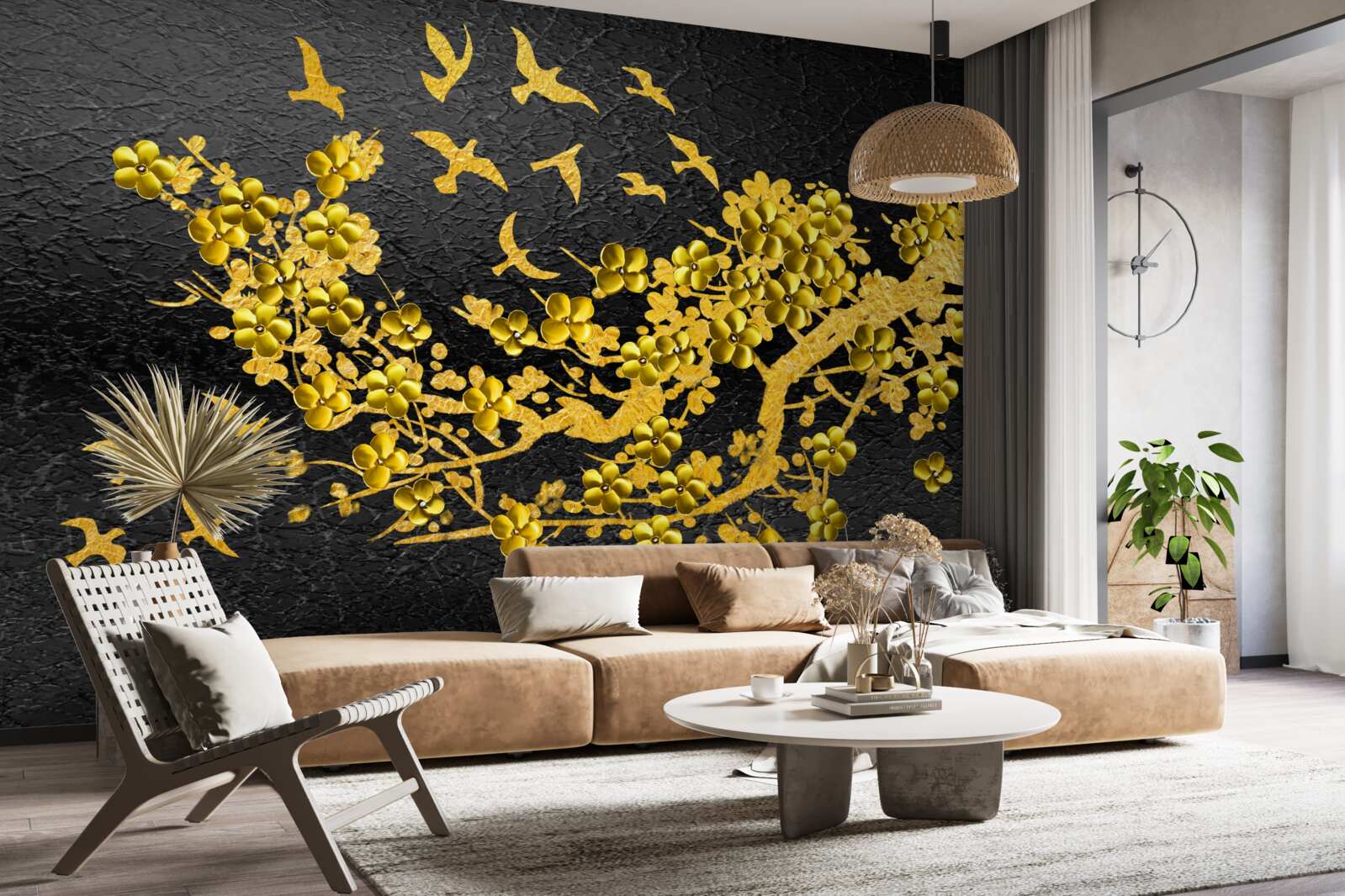 Papier peint petites fleurs jaunes et oiseaux