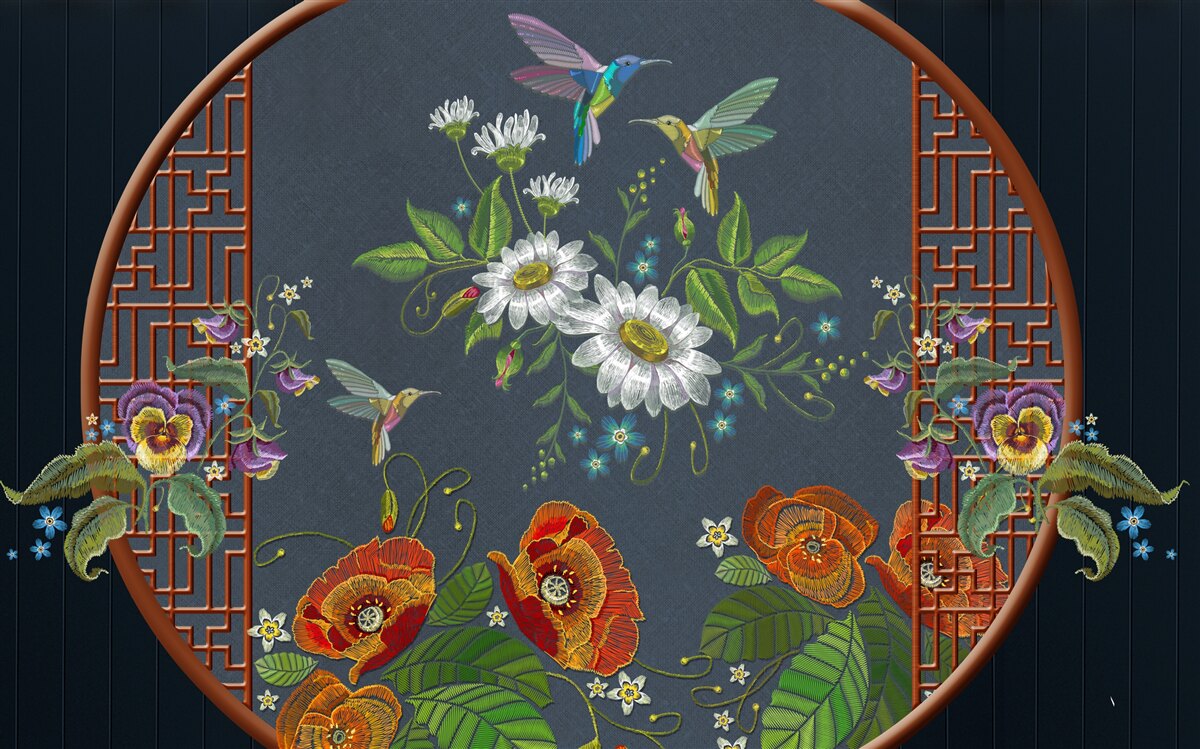 Papier peint panneau avec fleurs et colibris