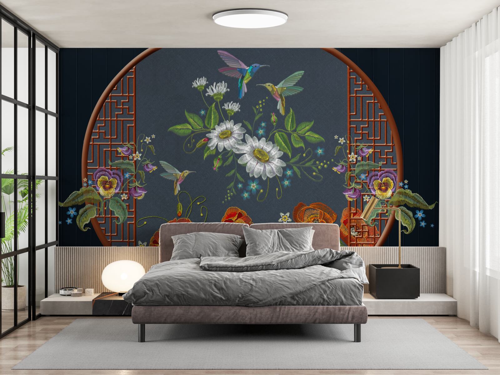 Papier peint panneau avec fleurs et colibris