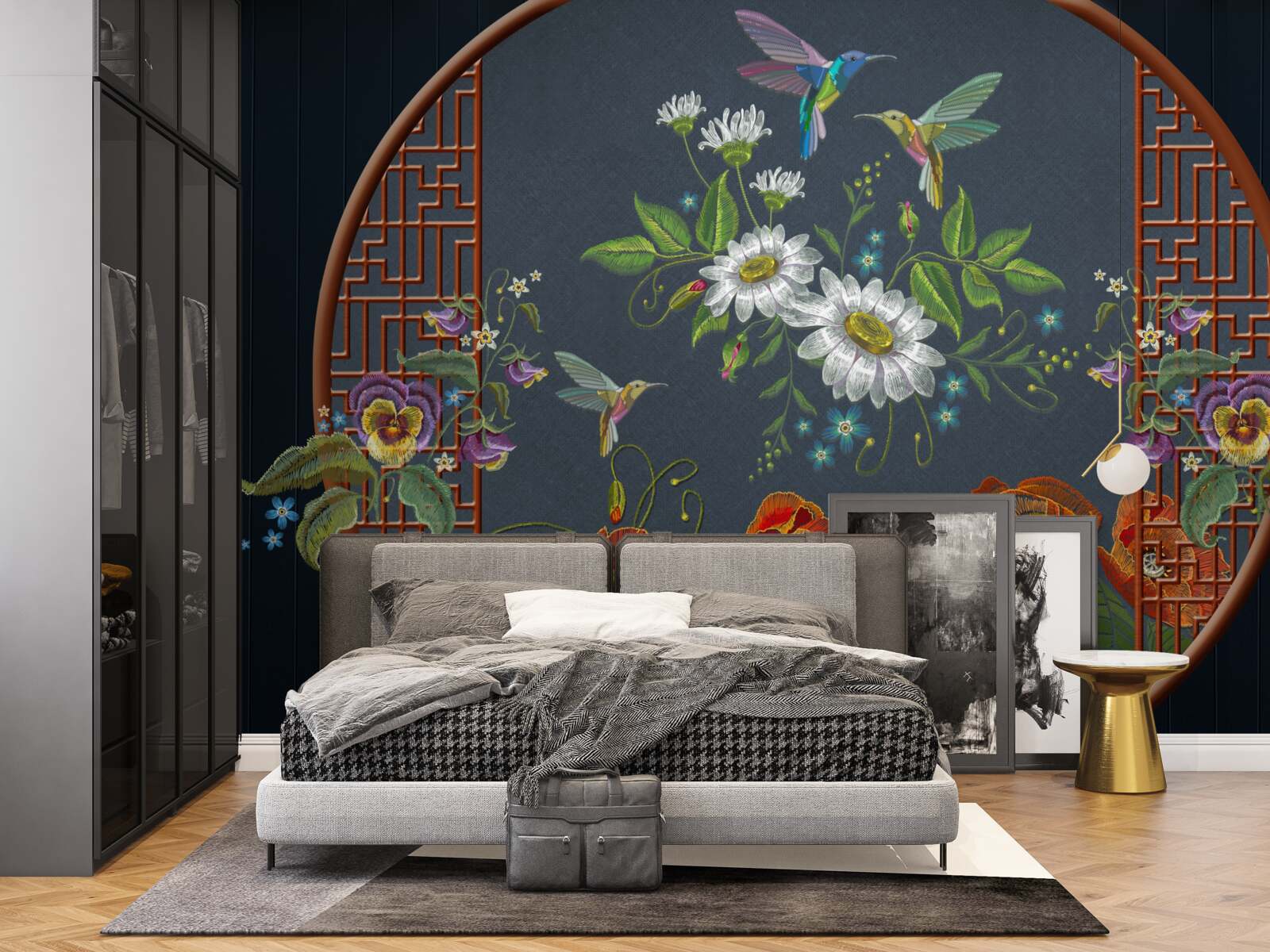 Papier peint panneau avec fleurs et colibris