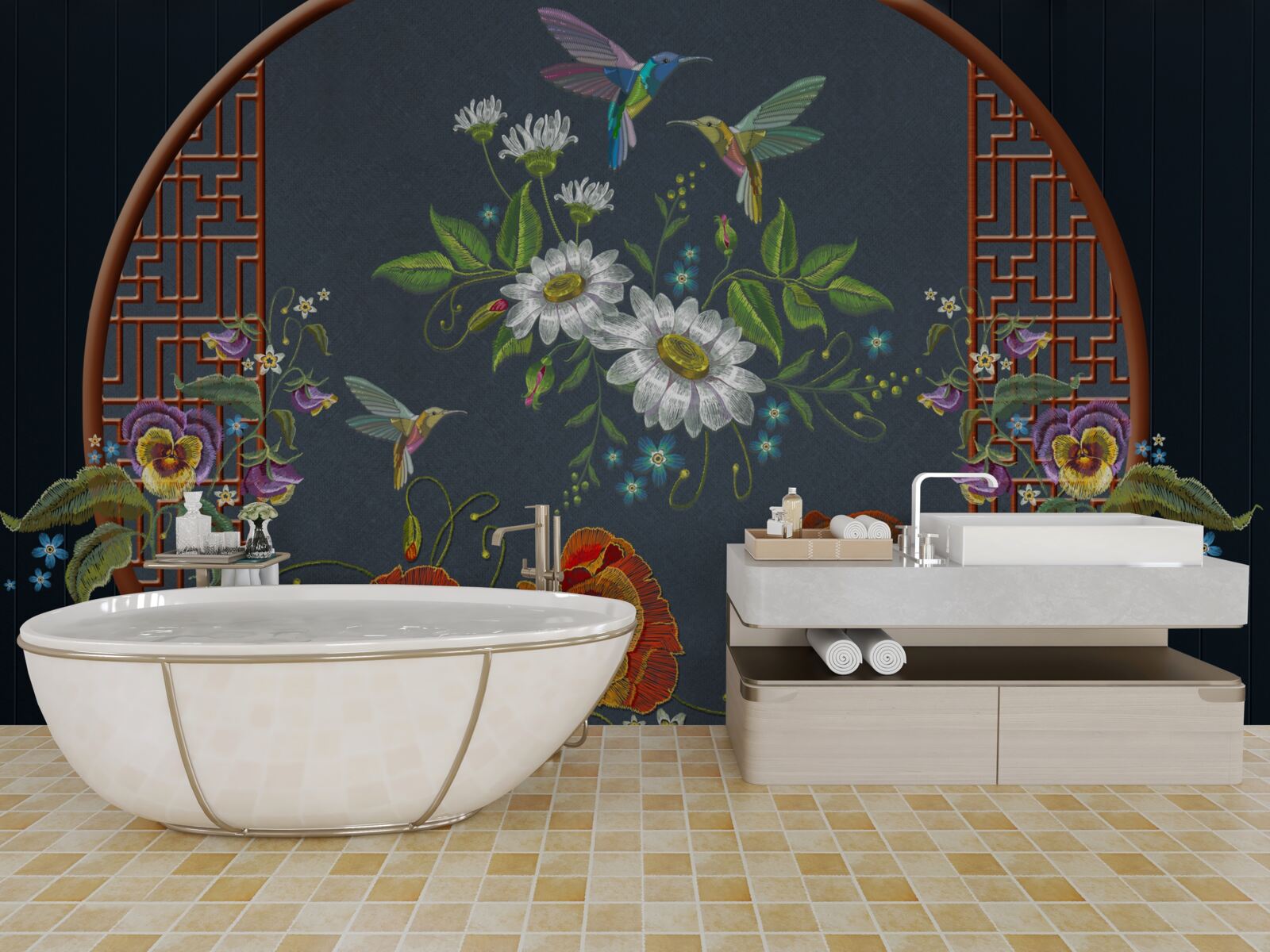 Papier peint panneau avec fleurs et colibris