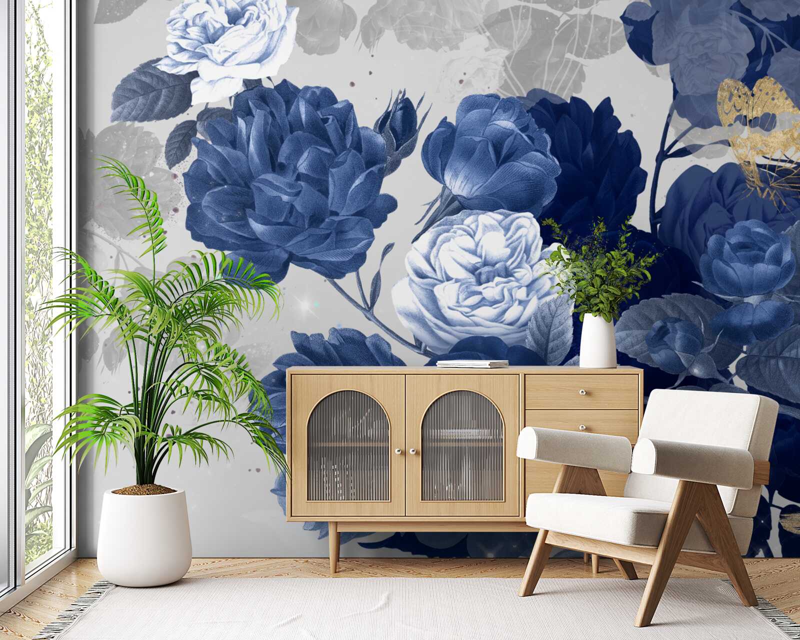 Papier peint fleurs bleues en style vintage