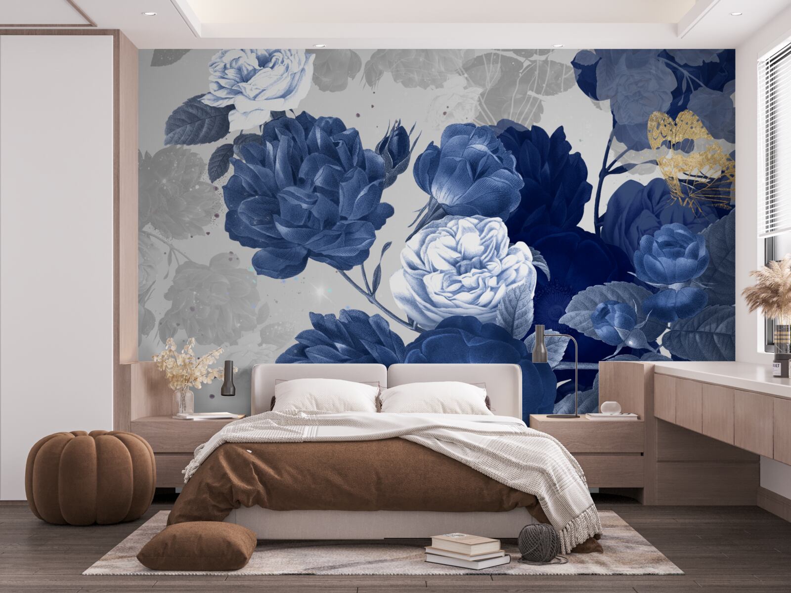 Papier peint fleurs bleues en style vintage