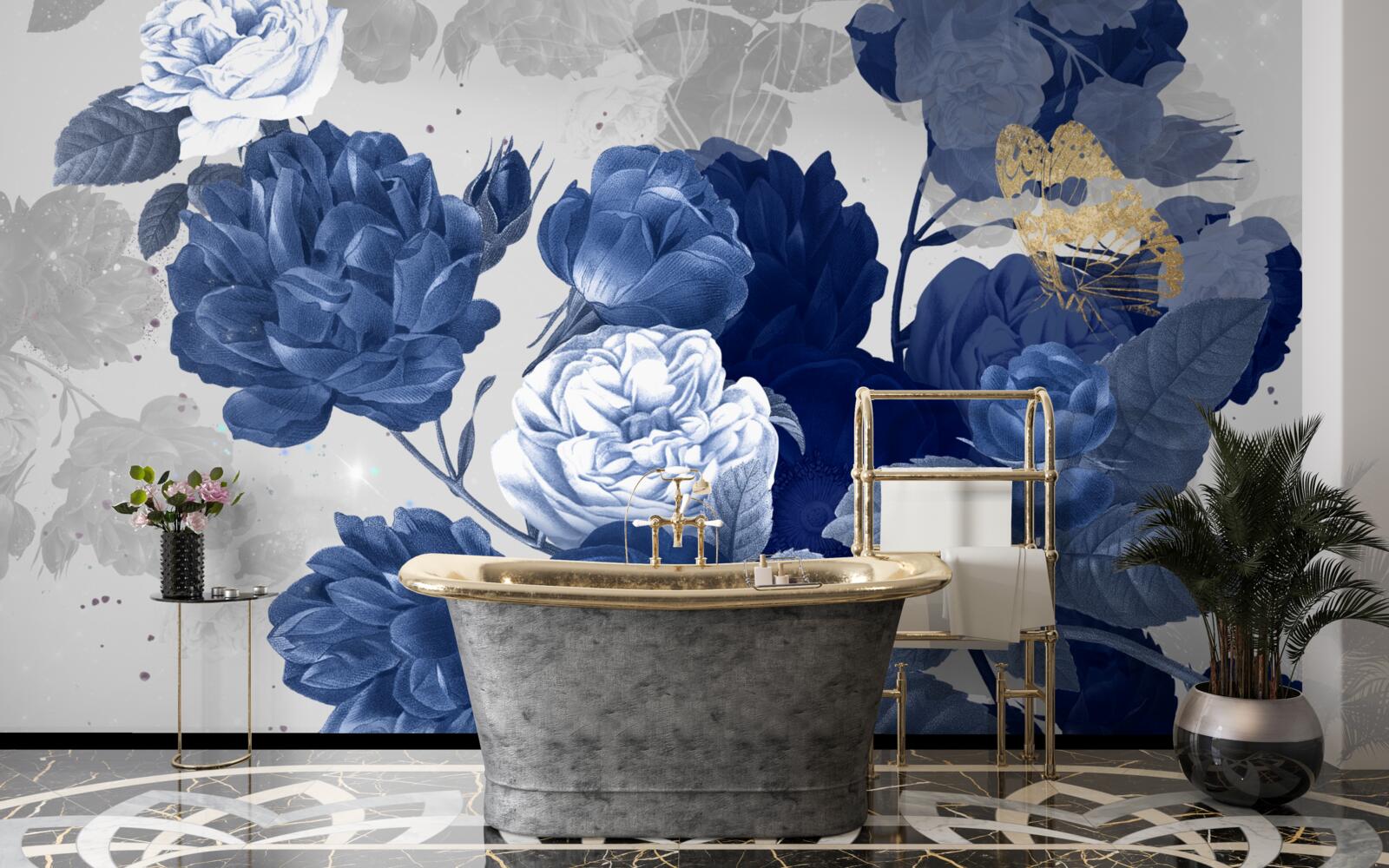 Papier peint fleurs bleues en style vintage