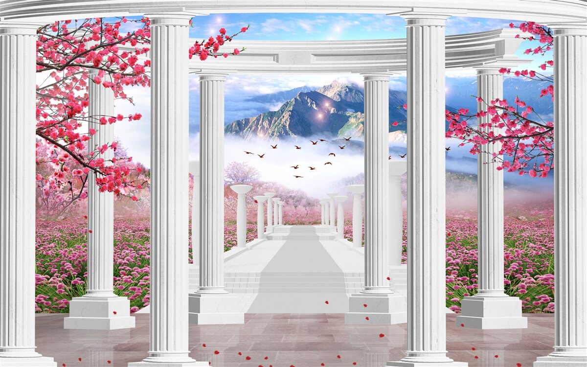 Papier peint gazebo blanc sur fond de coucher de soleil, décoré de cerisiers en fleurs