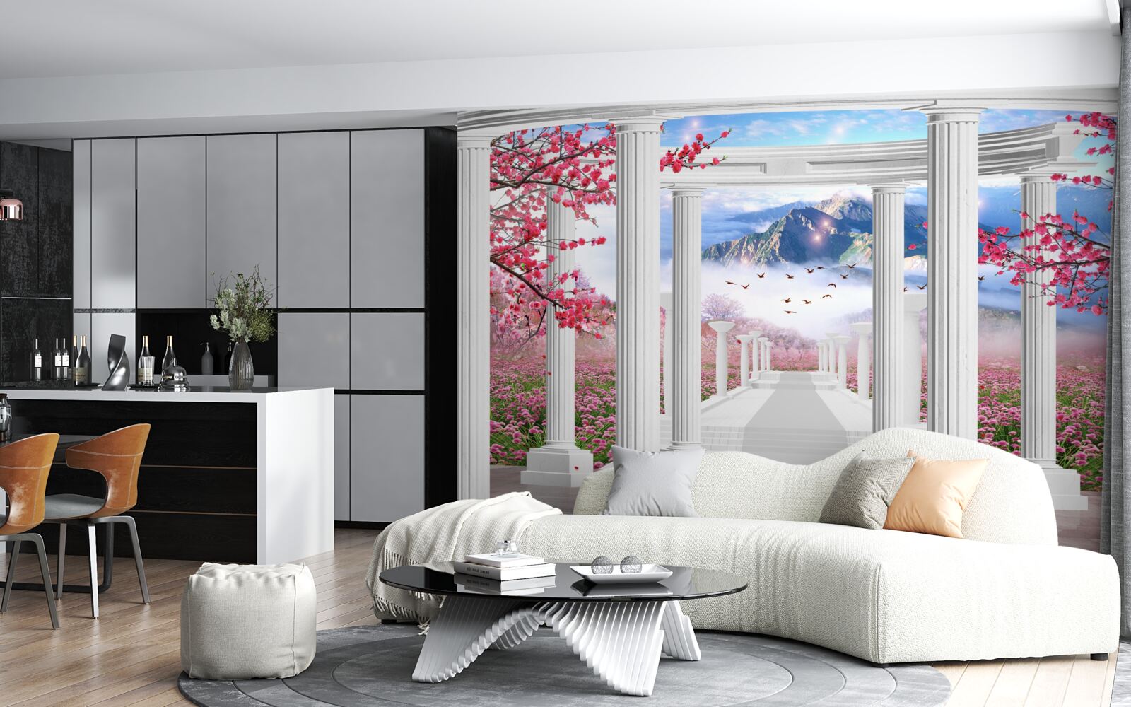 Papier peint gazebo blanc sur fond de coucher de soleil, décoré de cerisiers en fleurs