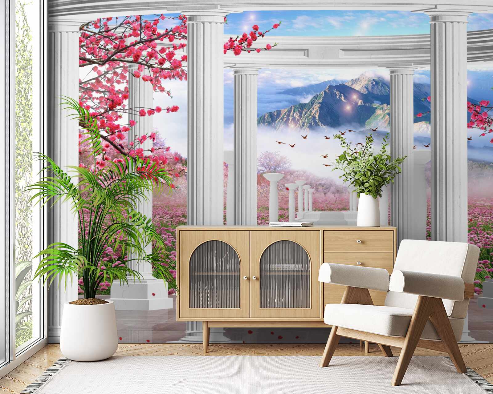 Papier peint gazebo blanc sur fond de coucher de soleil, décoré de cerisiers en fleurs