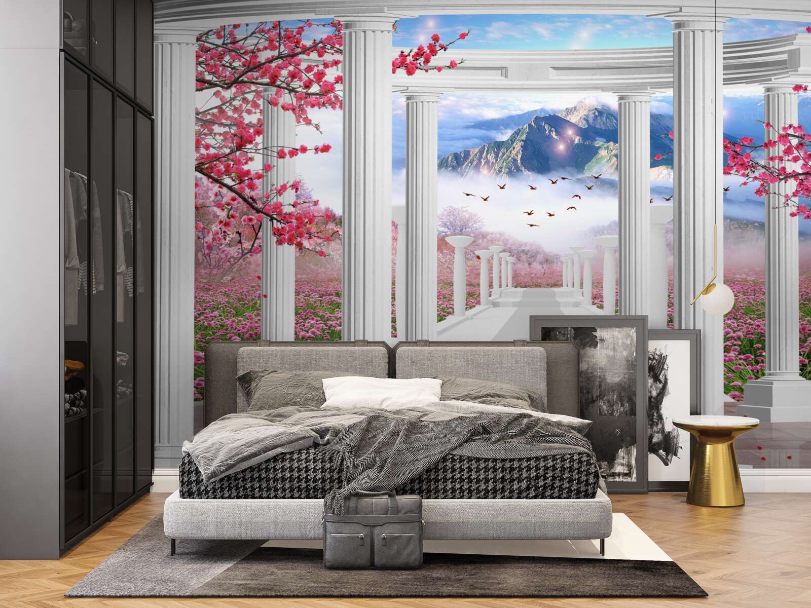 Papier peint gazebo blanc sur fond de coucher de soleil, décoré de cerisiers en fleurs