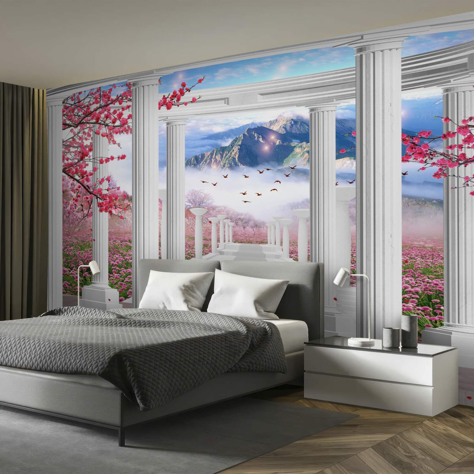 Papier peint gazebo blanc sur fond de coucher de soleil, décoré de cerisiers en fleurs