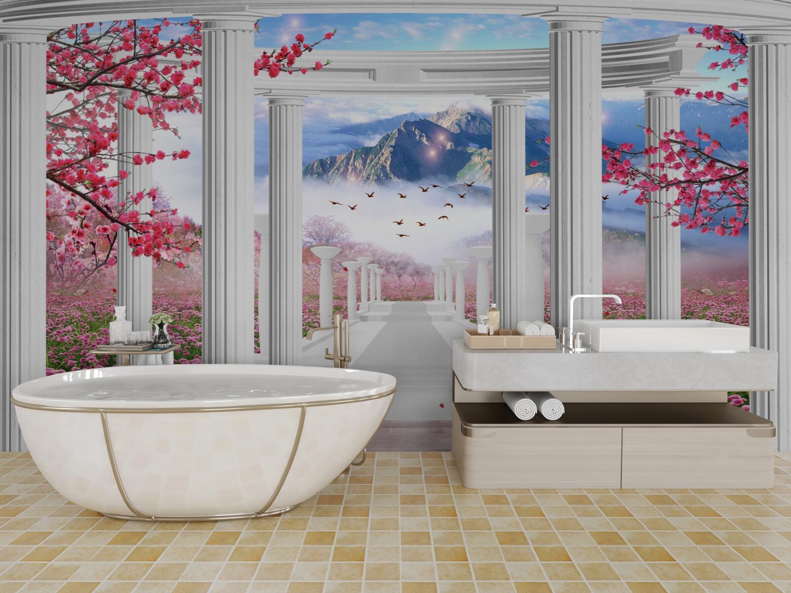 Papier peint gazebo blanc sur fond de coucher de soleil, décoré de cerisiers en fleurs