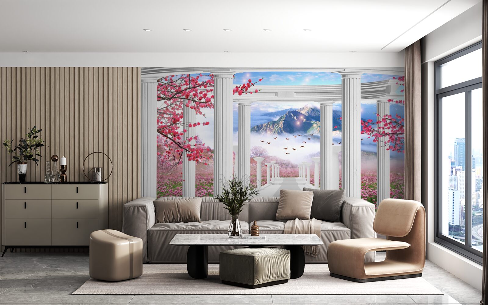 Papier peint gazebo blanc sur fond de coucher de soleil, décoré de cerisiers en fleurs