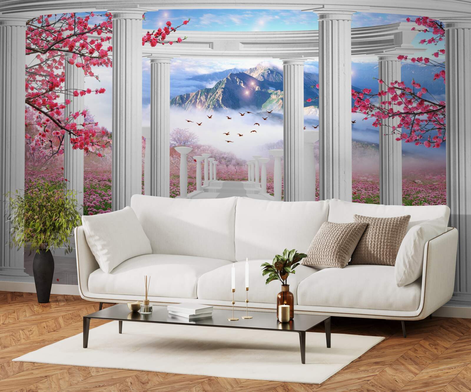 Papier peint gazebo blanc sur fond de coucher de soleil, décoré de cerisiers en fleurs