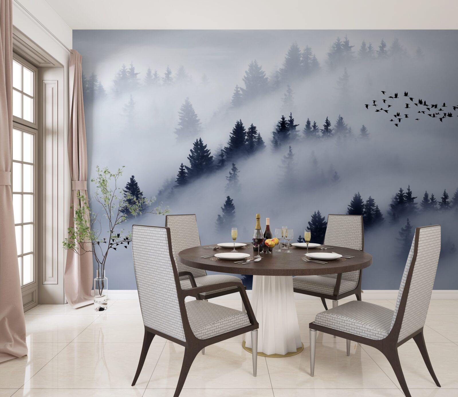 Papier peint la forêt de conifères est enveloppée d'un épais brouillard