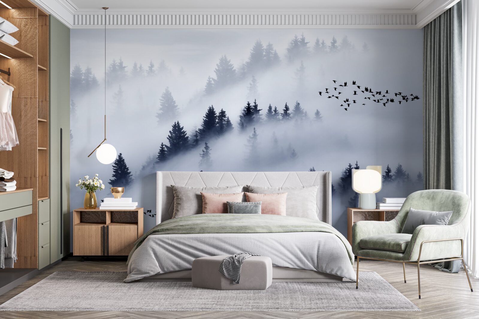 Papier peint la forêt de conifères est enveloppée d'un épais brouillard