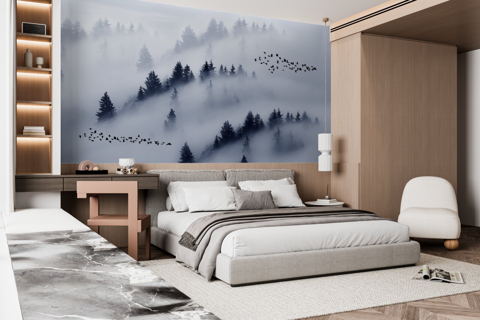 Papier peint la forêt de conifères est enveloppée d'un épais brouillard