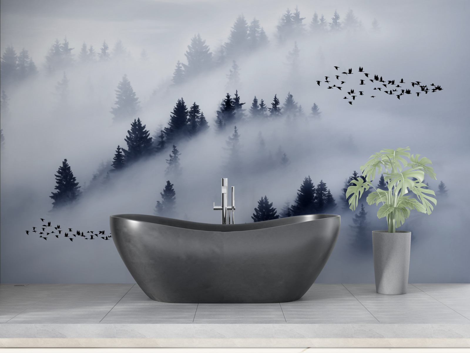 Papier peint la forêt de conifères est enveloppée d'un épais brouillard