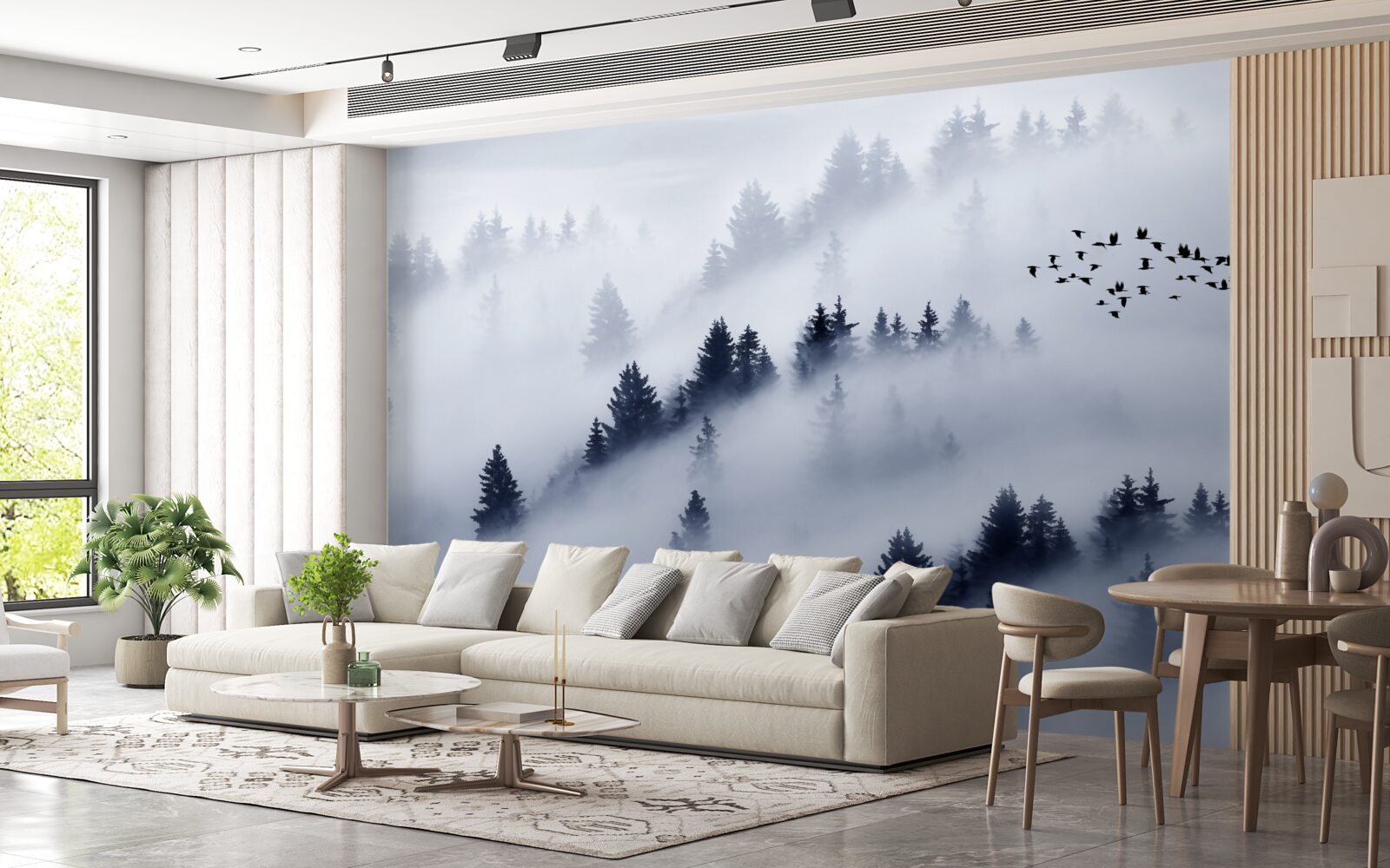 Papier peint la forêt de conifères est enveloppée d'un épais brouillard