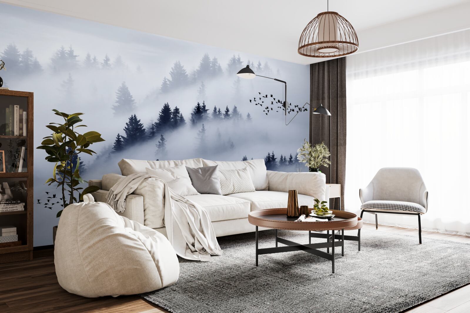 Papier peint la forêt de conifères est enveloppée d'un épais brouillard