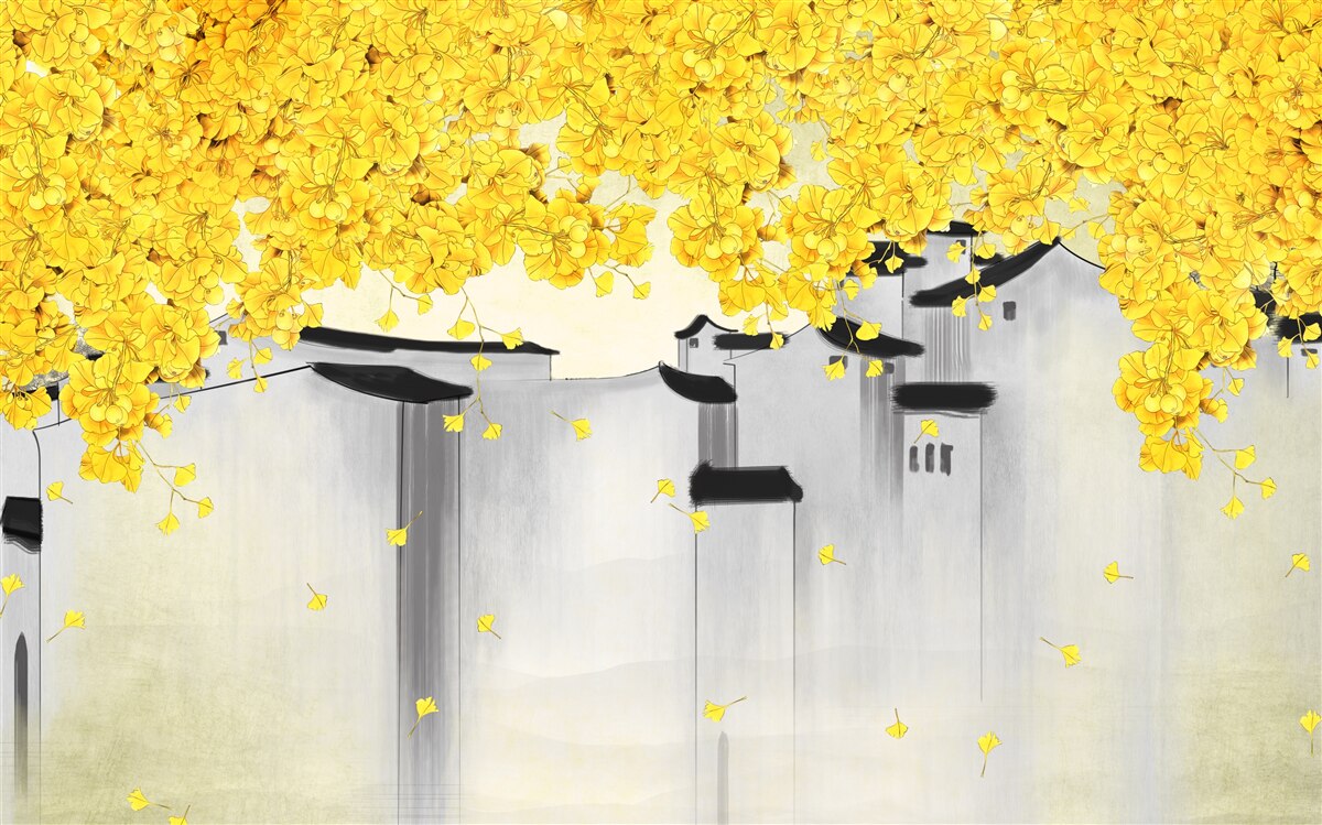 Papier peint des plantes luxuriantes s'élèvent au-dessus des toits des bâtiments