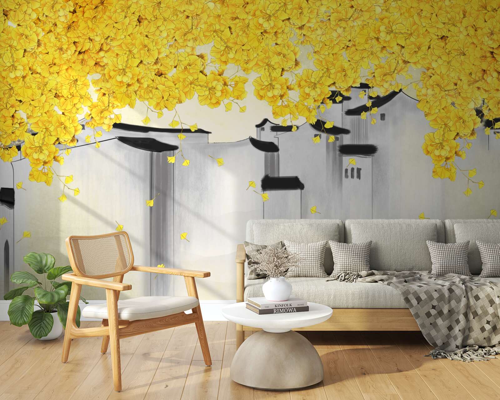 Papier peint des plantes luxuriantes s'élèvent au-dessus des toits des bâtiments