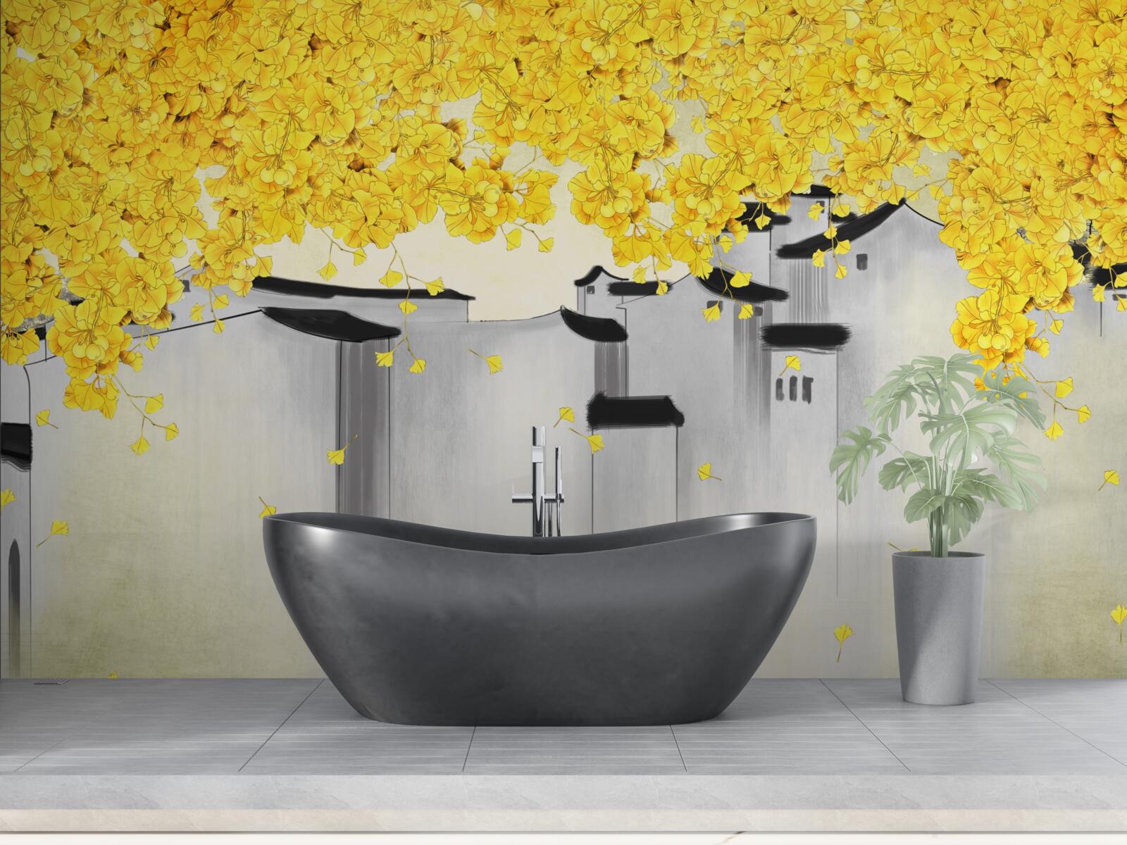 Papier peint des plantes luxuriantes s'élèvent au-dessus des toits des bâtiments