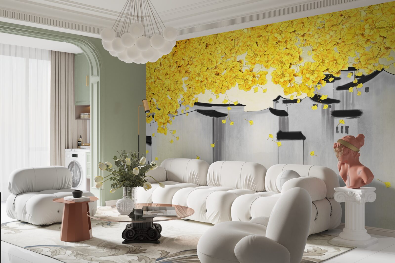 Papier peint des plantes luxuriantes s'élèvent au-dessus des toits des bâtiments