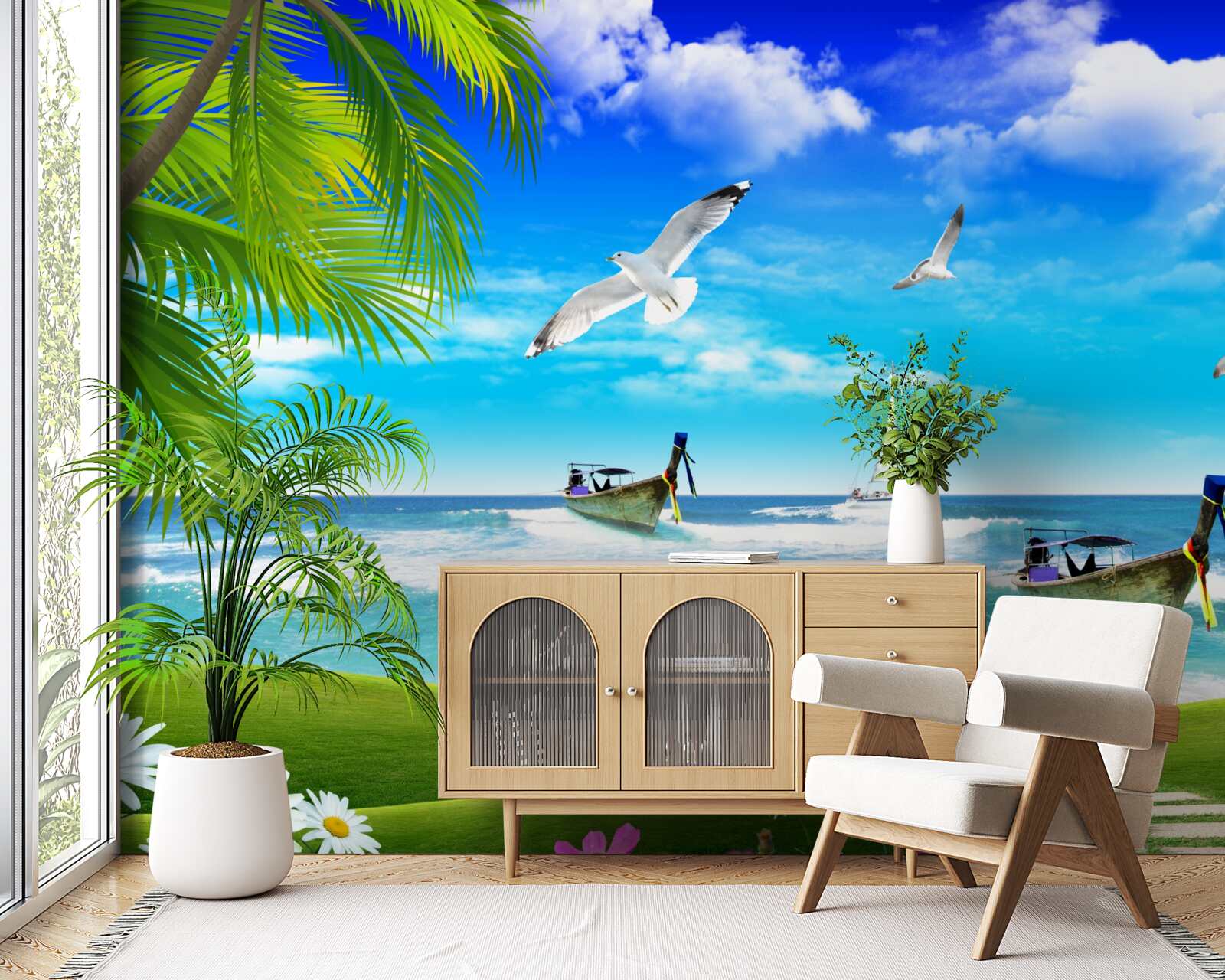 Papier peint navires sur la côte verte