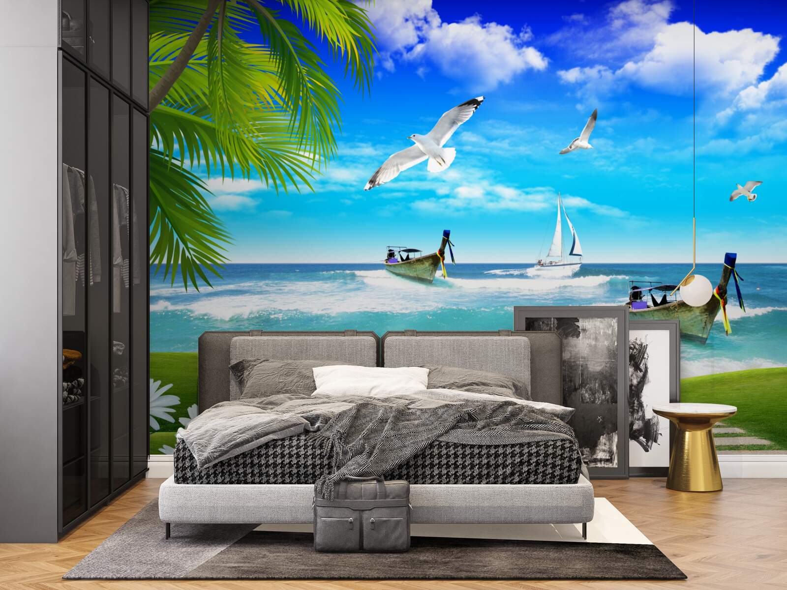 Papier peint navires sur la côte verte