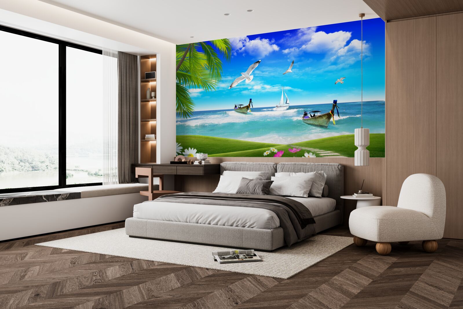 Papier peint navires sur la côte verte