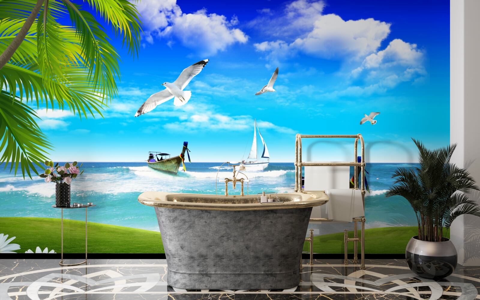 Papier peint navires sur la côte verte