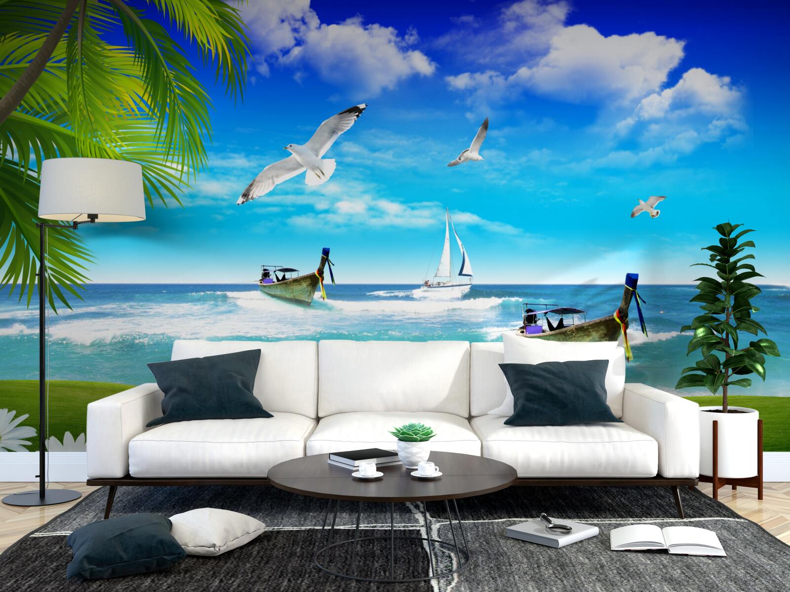 Papier peint navires sur la côte verte