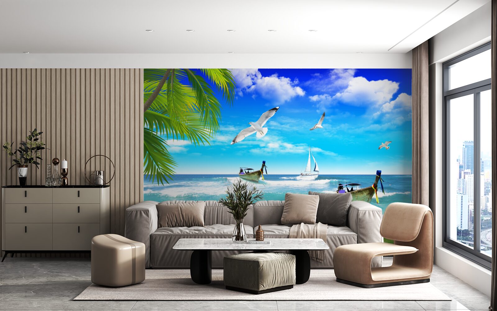 Papier peint navires sur la côte verte