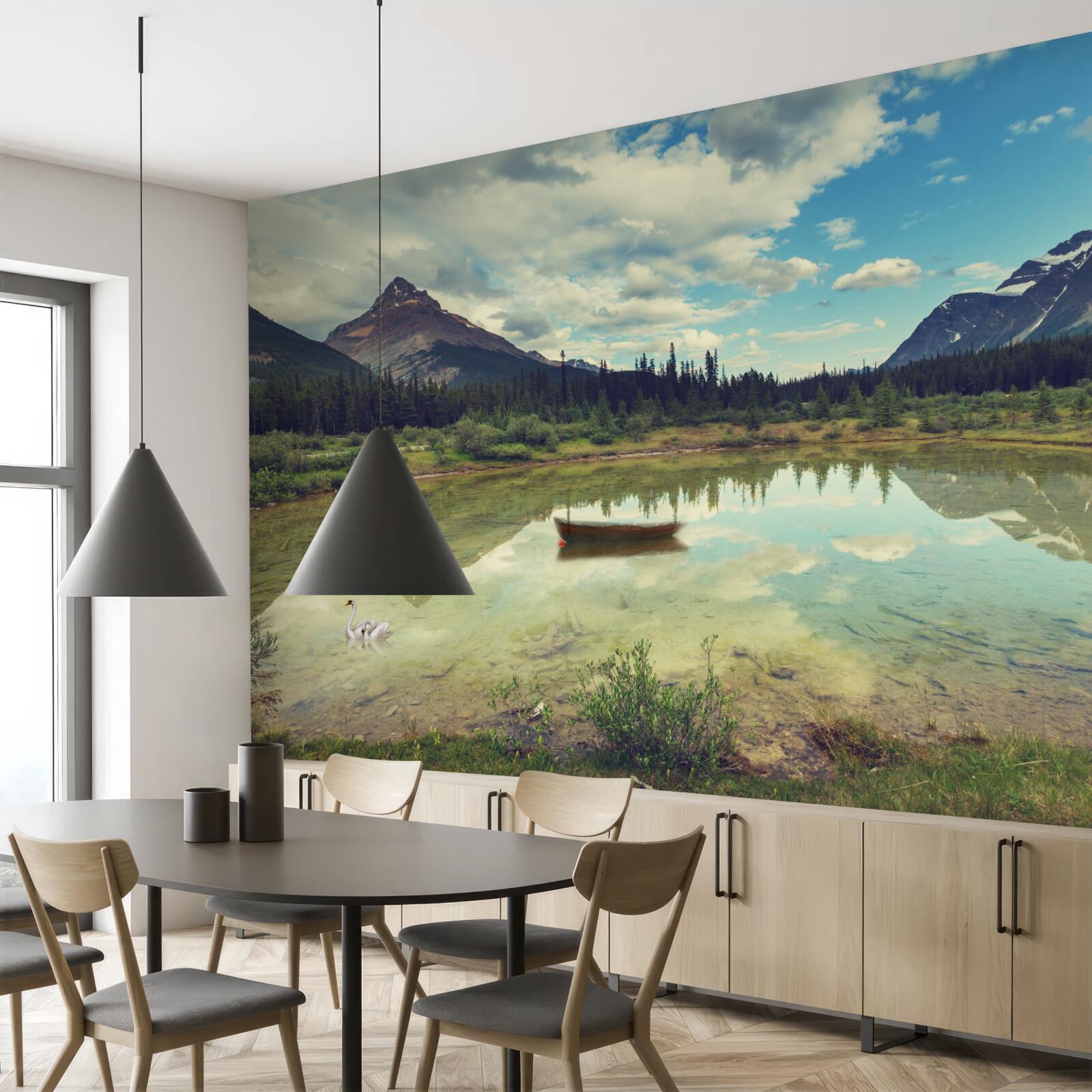 Papier peint réservoir entouré de montagnes aux pics rocheux