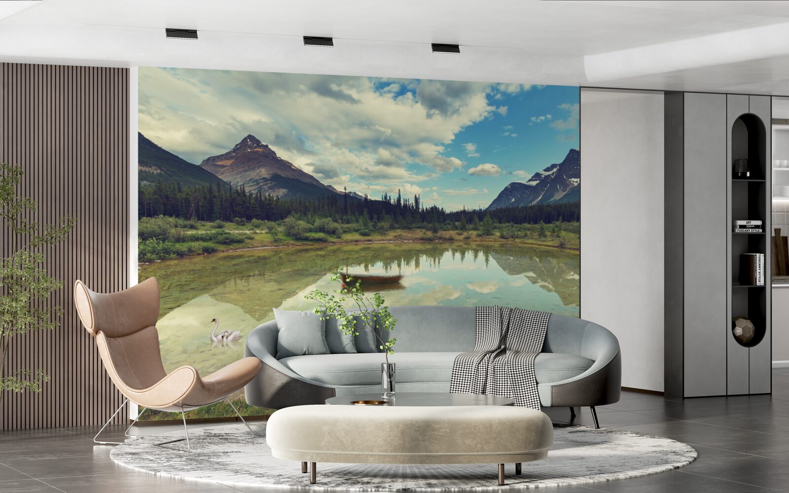 Papier peint réservoir entouré de montagnes aux pics rocheux