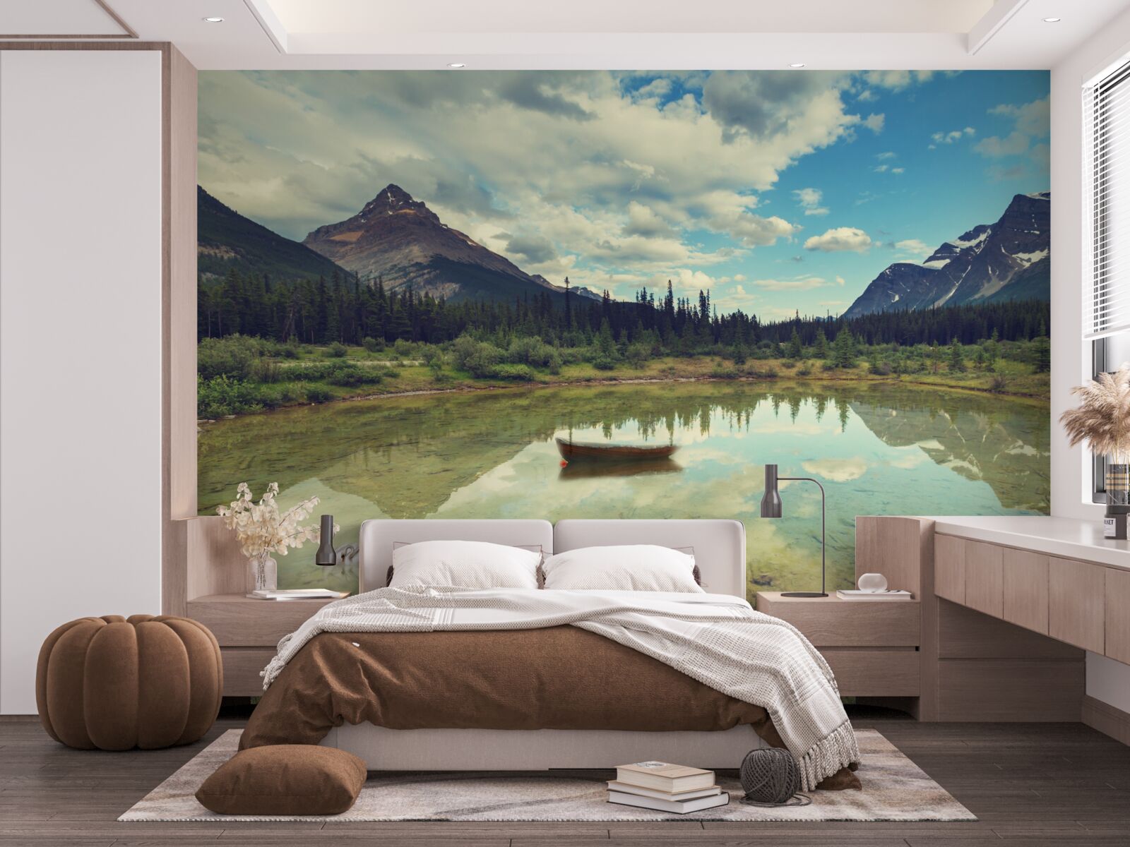 Papier peint réservoir entouré de montagnes aux pics rocheux