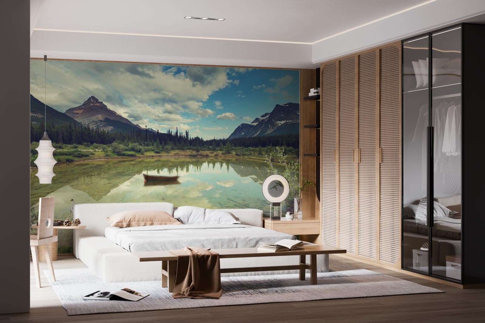 Papier peint réservoir entouré de montagnes aux pics rocheux