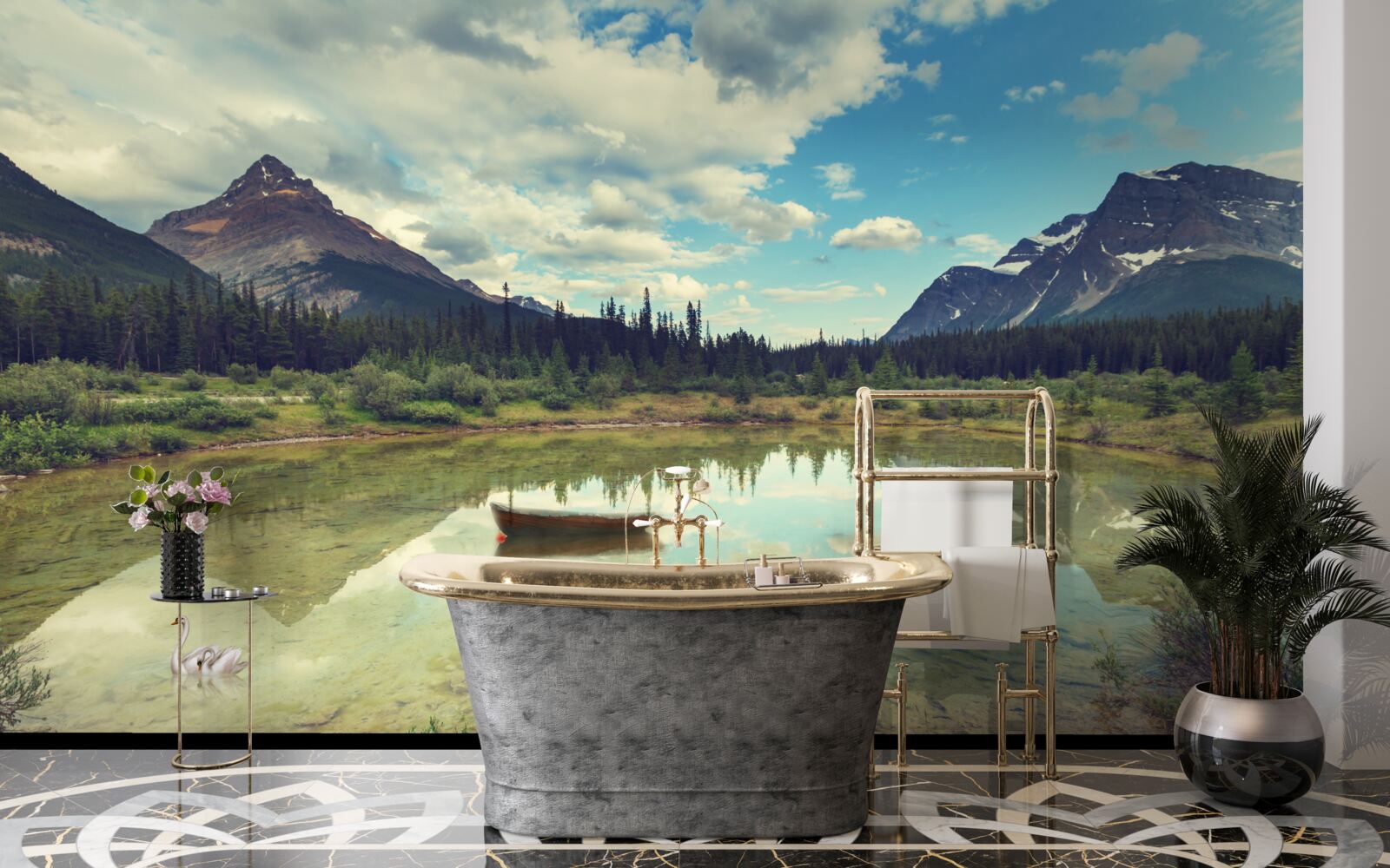 Papier peint réservoir entouré de montagnes aux pics rocheux