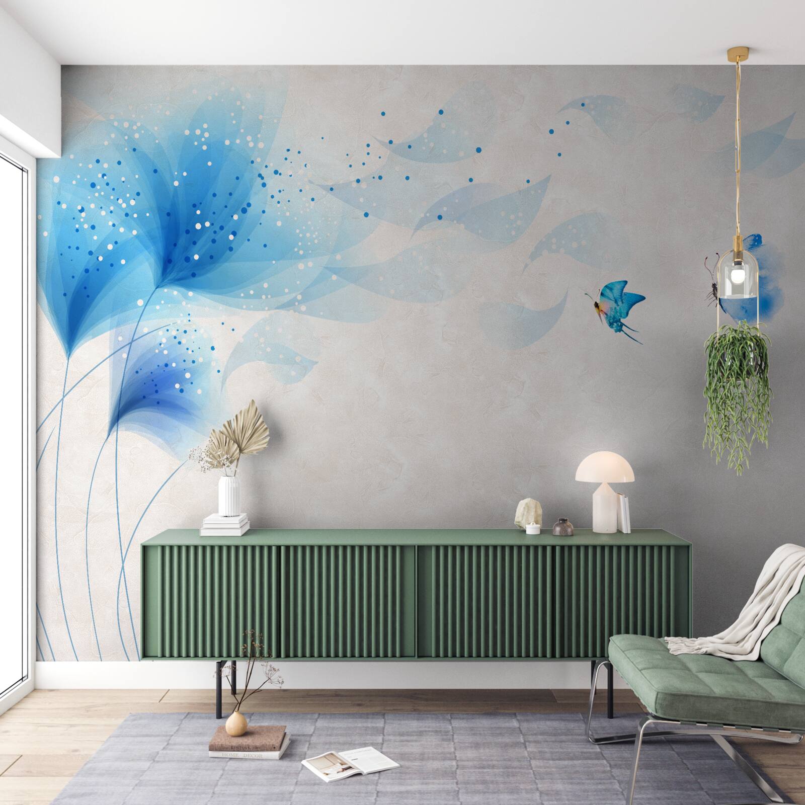 Papier peint vectoriel lys et papillons de nuit bleus