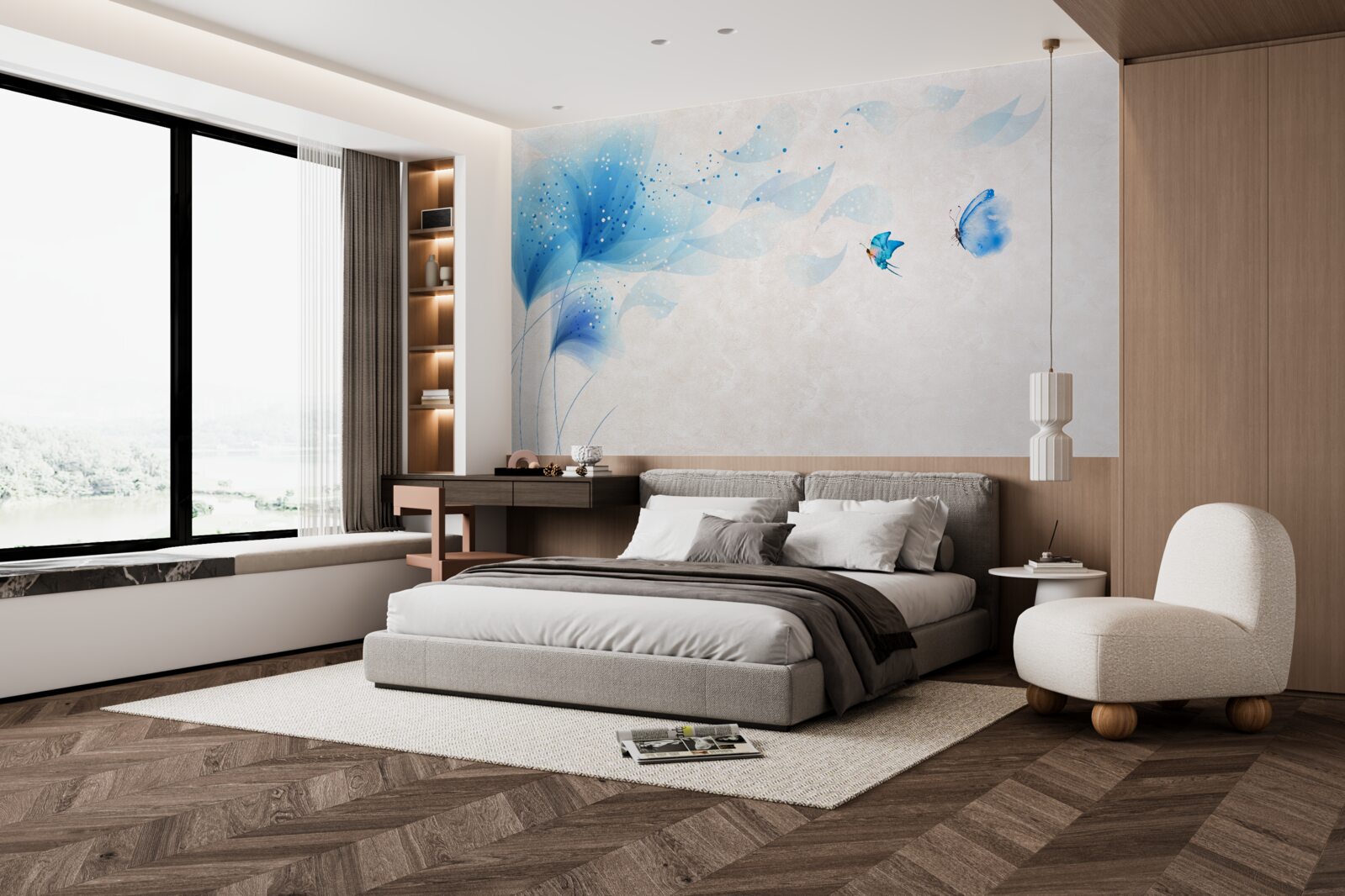 Papier peint vectoriel lys et papillons de nuit bleus