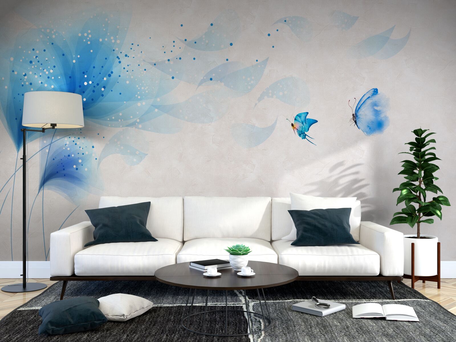 Papier peint vectoriel lys et papillons de nuit bleus