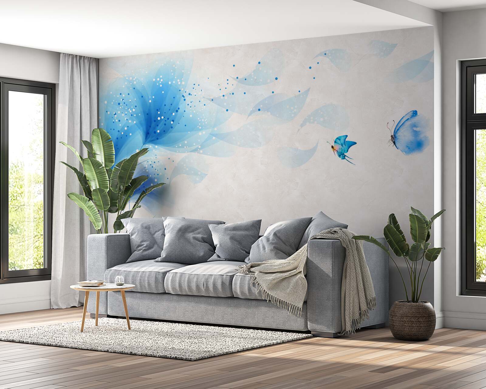 Papier peint vectoriel lys et papillons de nuit bleus