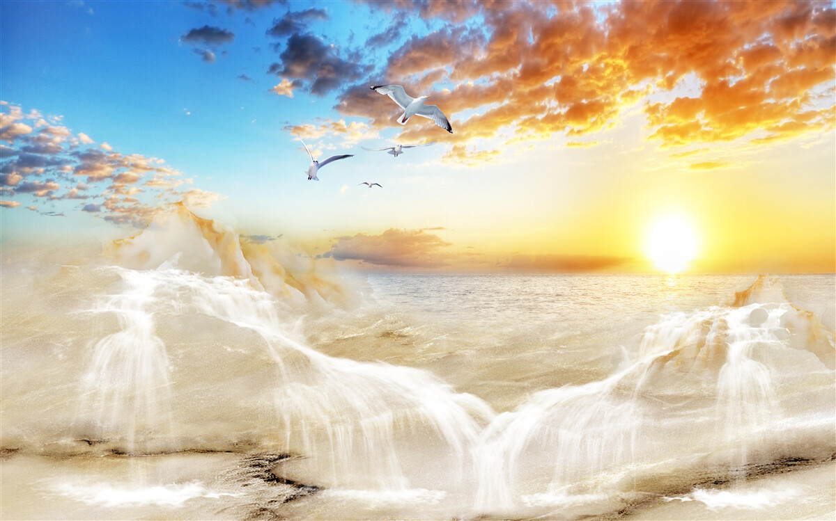 Papier peint coucher de soleil sur la mer avec des mouettes