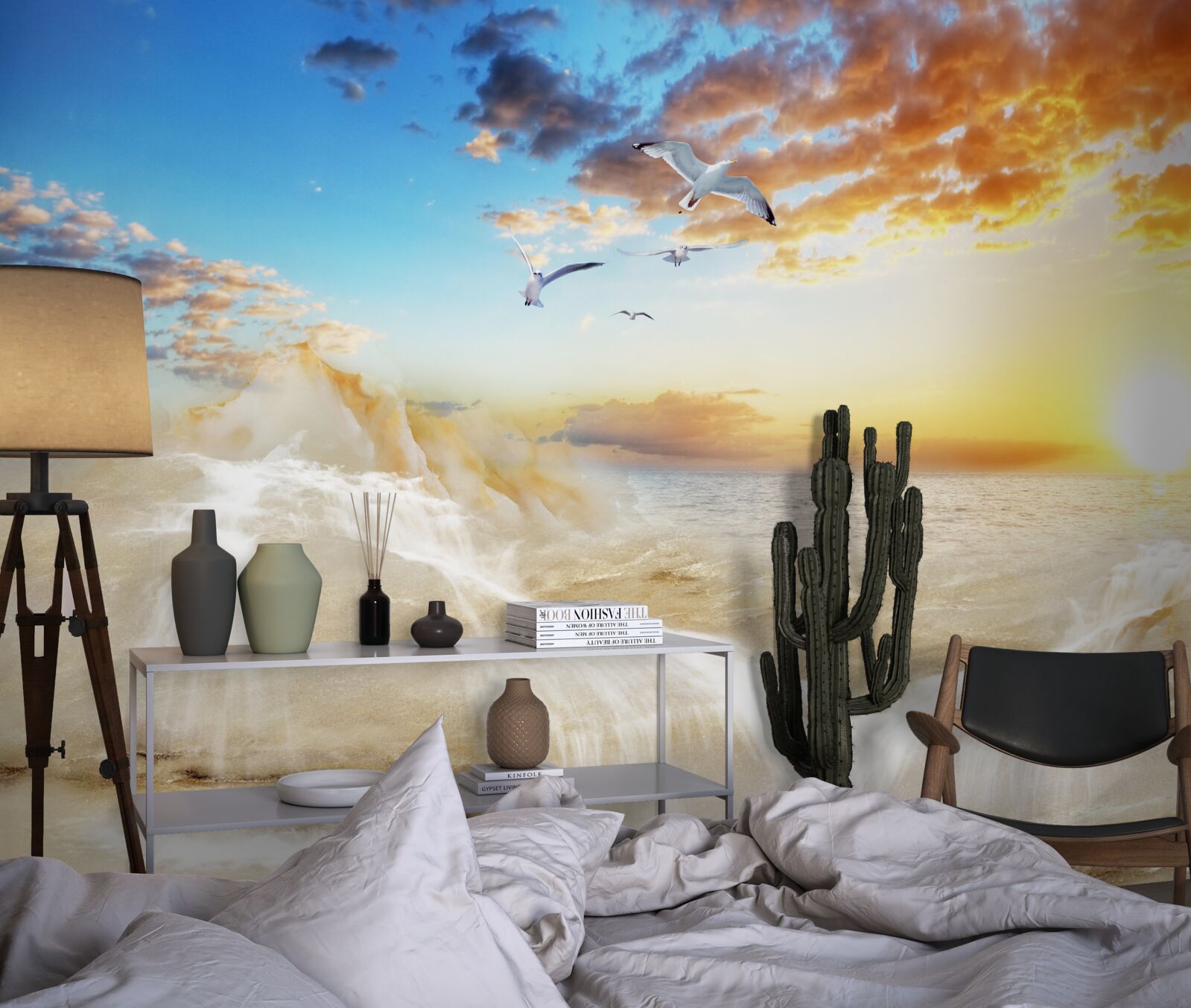 Papier peint coucher de soleil sur la mer avec des mouettes