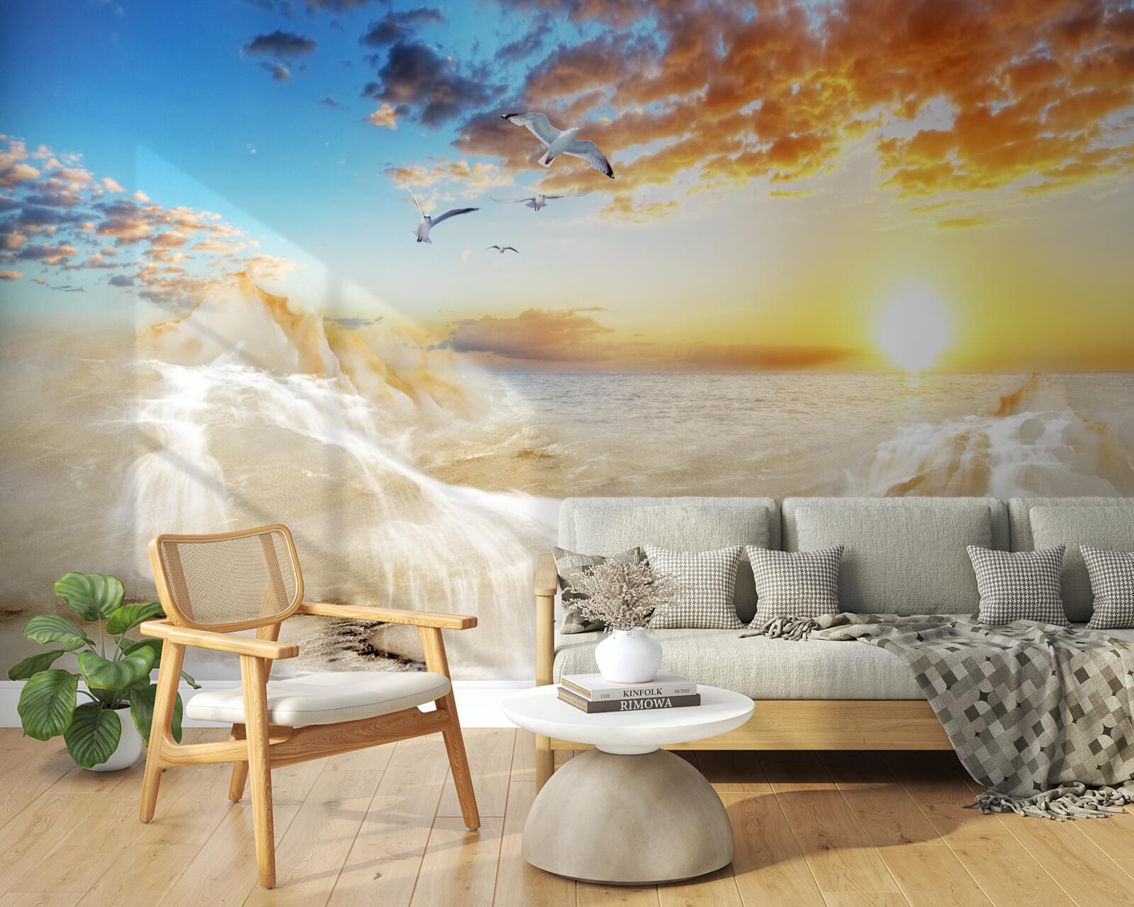 Papier peint coucher de soleil sur la mer avec des mouettes