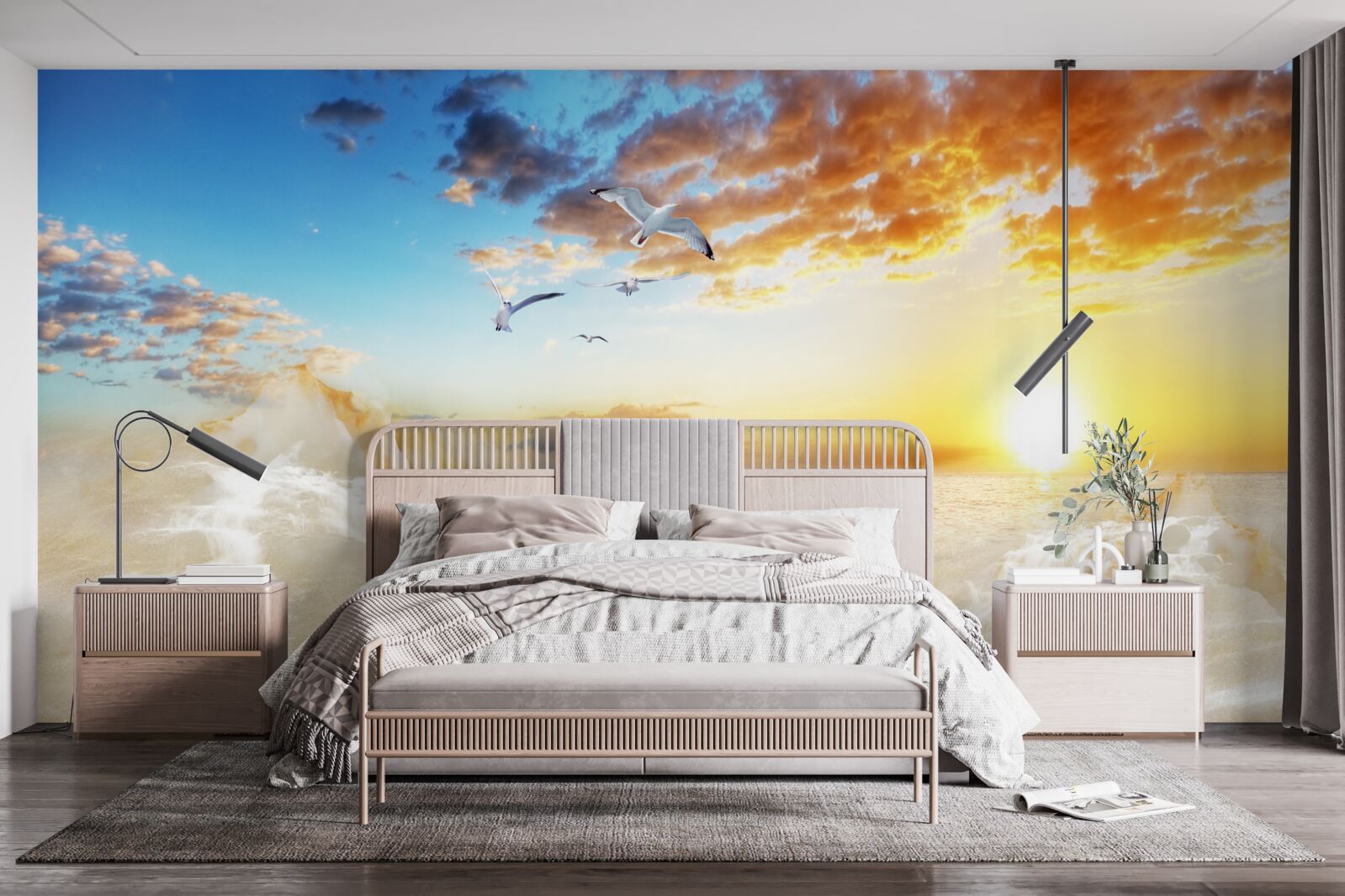 Papier peint coucher de soleil sur la mer avec des mouettes