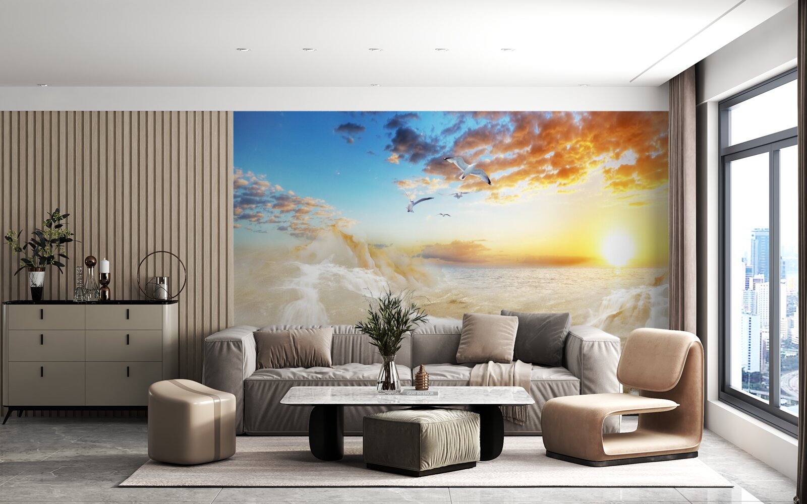 Papier peint coucher de soleil sur la mer avec des mouettes