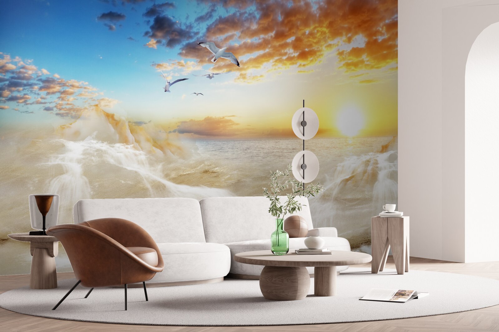 Papier peint coucher de soleil sur la mer avec des mouettes