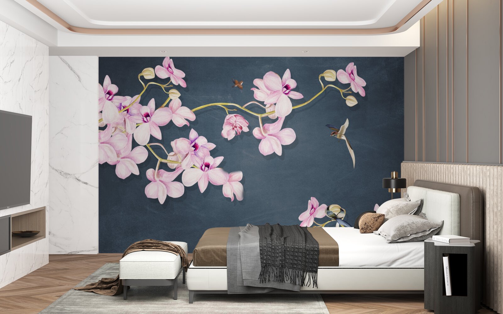 Papier peint orchidées dans une délicate teinte lilas