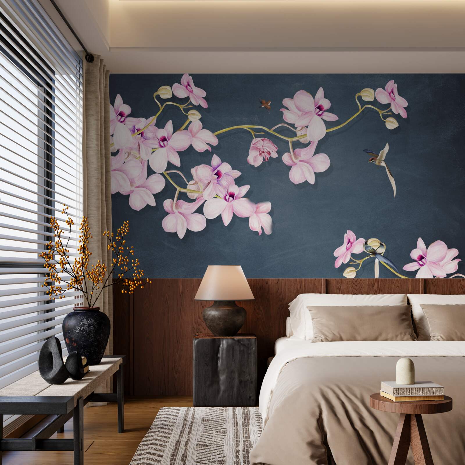 Papier peint orchidées dans une délicate teinte lilas