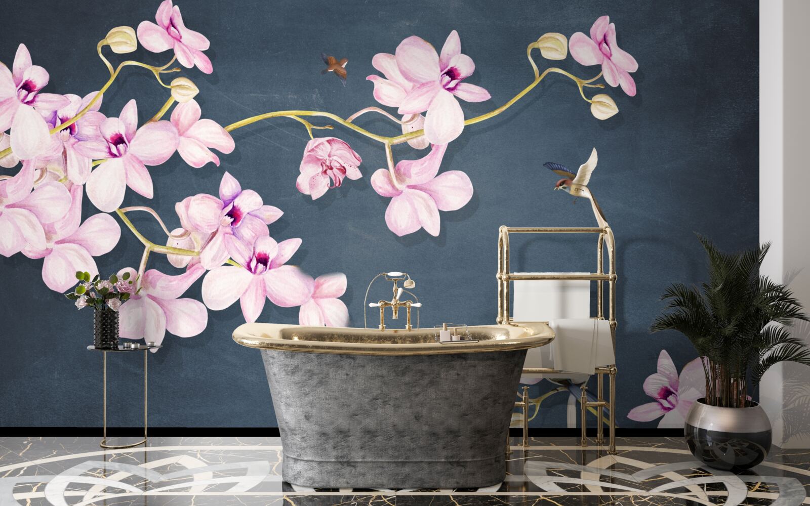 Papier peint orchidées dans une délicate teinte lilas